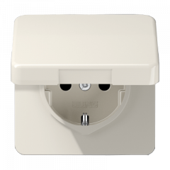 РОЗЕТКА с заземлением, защитными шторками и крышкой слоновая кость (защита IP 44)